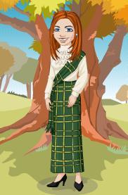 Kim's Yahoo Avatar, as a Scottish woman in a tartan skirt and traditional top